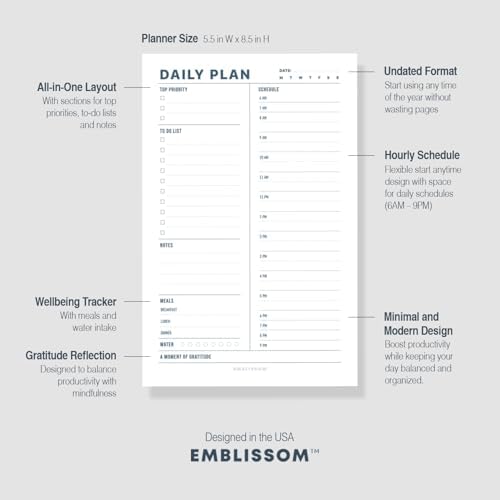 Daily Planner Notepad, 5.5 x 8.5" Tear-Off Pad – 70 Undated Sheets Focus-Enhancing Desktop Organizer with Hourly Schedule, To-Do List for Work, School (White, Minimalist, 1 Pack)