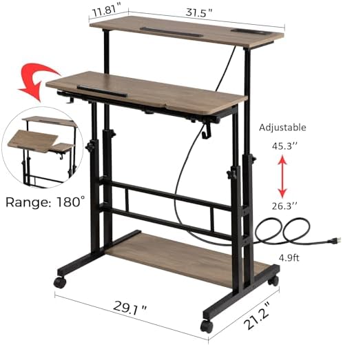 Hadulcet Rolling Stand Up Desk Adjustable Height - Portable Standing Desk with Wheels & Charging Station, Mobile Laptop Desk Small Standing Desk Drawing Table, Grey