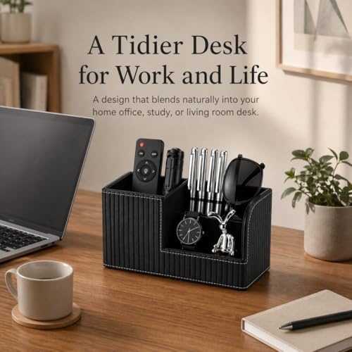 KINGFOM Desk Pen Organizer Office Supplies Caddy Pu Leather Multi-function Storage Box Pen/Pencil,Cell phone, Business Name Cards Remote Control Holder (Black)