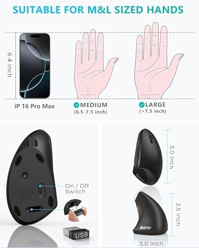 Lekvey Ergonomic Mouse, Rechargeable 2.4G USB Vertical Wireless Mouse
