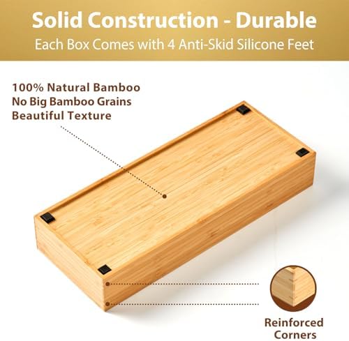 Umilife Bamboo Kitchen Drawer Organizer, Extra High Silverware Tray, Flatware Cutlery Storage Box, Multi-Use Holder in Office, Bathroom, Pantry - 12"x3"x2.5" (Set of 2)