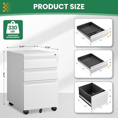 3 Drawer Mobile File Cabinet with Lock,Under Desk Storage Cabinet for Home Office,Vertical Filing Cabinet Fits A4 or Letter Size(Unassembled,White)
