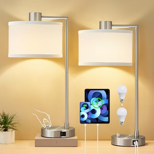 Silver Table Lamp Set of 2, Dimmable Bedside Lamps for Night Stand, USB A+C