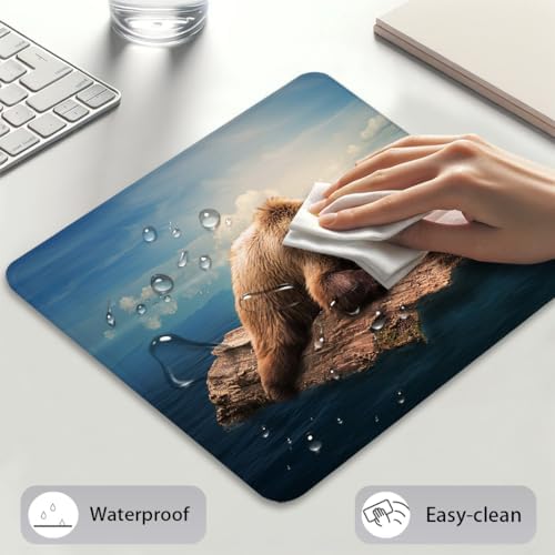 Grizzly Bear Mouse Pad, Wild Animal Resting on a Rock Calm Water Desk Mat