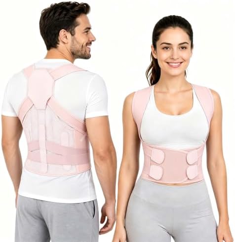 Posture Corrector for Women and Men, Adjustable Back Brace with Shoulder Support, Lumbar Support Belt and Full Back Support, Posture Trainer Back Straightener for Upper Back, Lower Back Support, Slouching and Hunchback Corrector (Pink, Medium)