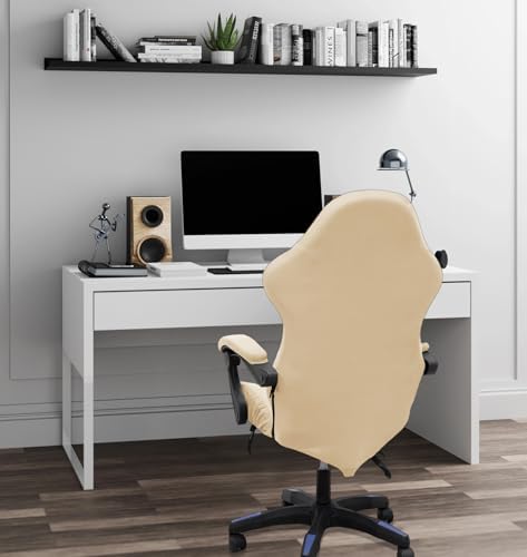 Gaming Chair Cover Set with Armrest Covers, Stretch Ruffled Slipcover for Racing Office Computer Reclining Chairs (Beige)