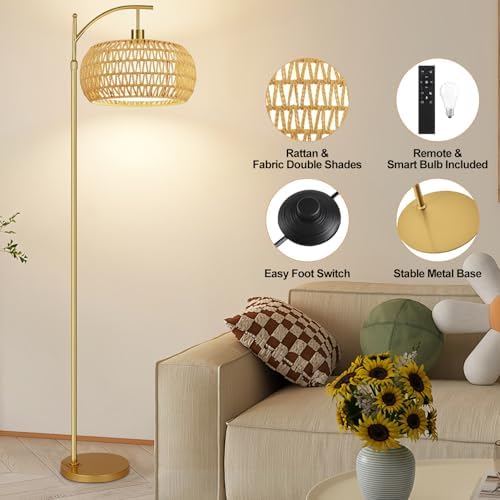 ZECOXOL Gold Floor Lamps for Living Room Rattan Boho Floor Lamp with Remote Control & 3 Color Temperature,Dimmable Arc Floor Lamps Brass Standing Lamp Tall Floor Lamp for Bedroom Living Room Corner