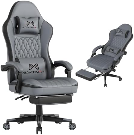 Gamtimer Gaming Chair with Footrest, Ergonomic Computer Chair, PU Breathable Material with Headrest and Lumbar Support, Suitable for Silla Gamer and Adults（Grey）