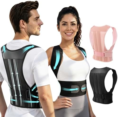 Posture Corrector for Women and Men Full Back Support Brace Adjustable Breathable Full Back Shoulder Straightener for Scoliosis， Hunchback, Lower Back Pain Relief Upright Posture Corrector Belt for Under Clothes (Black, Medium)