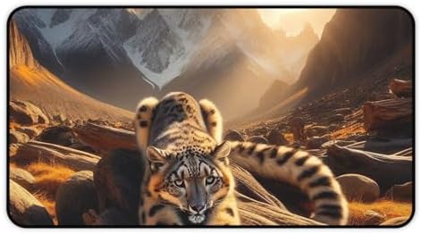 Snow Leopard Stretching on Sunlit Golden Rocks Desk Mat - Vibrant Colors Rubber Base Smooth Surface