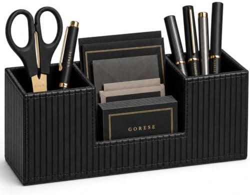 GORESE Pen Holder for Desk, PU Leather Desk Organizer for Office, Black