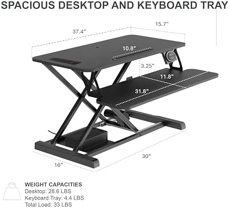 Rocelco 37.4" Electric Standing Desk Converter with Anti-Fatigue Floor Mat - AC USB Charger - Motorized Adjustable Sit Stand Up Computer Workstation Riser - Large Keyboard Tray - Black (R EDRB-MAFM)