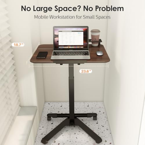 ROMOON Rolling Standing Desk with Wheels, Portable 24 inch Sit-Stand Laptop Cart with Tilt Top and Storage, Mobile Compact Workstation for Home Office and Small Spaces (Walnut)