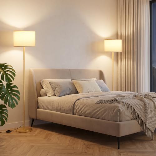Ambimall 60'' Modern Floor Lamp Set of 2, 2PK Tall Lamps for Living Room Bedroom, Beige Shade with Gold Pole(Without Bulb)