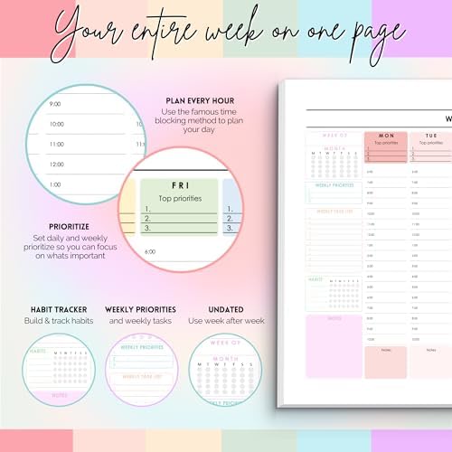 Weekly Hourly Planner Notepad, Daily Planner Desk Pad, Weekly Schedule, To Do List Note Pad, ADHD Planner | 50 Undated Tear Away Sheets | A4 (Rainbow)
