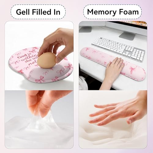 Desk Mat Set + Keyboard and Mouse Pad with Wrist Rest Support,4-in-1 Large Mousepad Computer Mats for Desktop Home & Office-Pink Bowtie