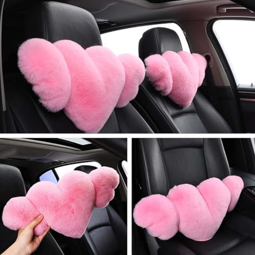 2 Pack Heart Shaped Plush Car Neck Pillows, Soft Pink Headrest Cushion for Driving Travel Office Chair, Cute Car Interior Decor Accessories for Women Girls（Pink）