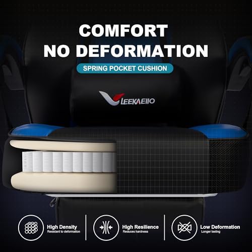Blue Gaming Chair Big and Tall 400 lbs, Ergonomic Office Chair with Pocket Spring Cushion, Retractable Footrest, Adjustable Recliner, Heavy Duty Leather Office Chair