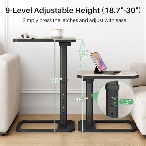 Driftwood Grey TV Tray Table, Adjustable Height & Rounded Metal Corners, Snack Table for Couch, Sofa, Bed, Chair, Living Room, C Shaped End Side Table for Eating, Dinner or Laptop, Small Spaces