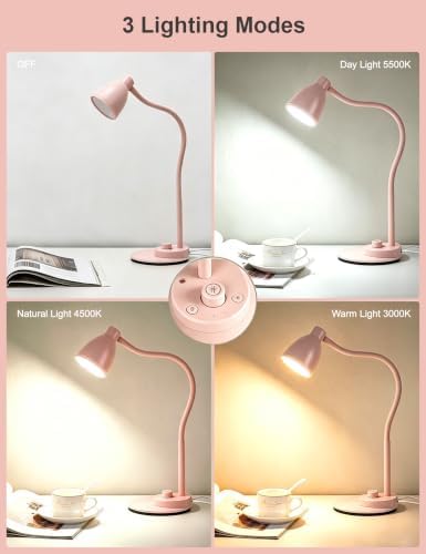 BOHON Cute Desk Lamp with USB Charging Port, 3 Color Modes Dimmable, Pink