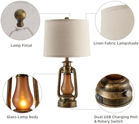 25" Set of 2 Rustic Lantern Table Lamps for Living Room Bedroom, 2 USB Ports Farmhouse Vintage Bedside Desk Lamp Nightlight for Entryway Office End Table, 4 Bulbs Included
