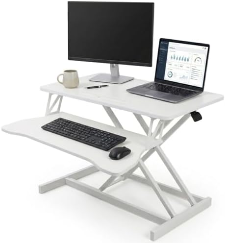 32 Inch Desk Converter, Height Adjustable Stand Up Dual Monitor and Laptop Workstation, Desk Riser for Standing with Wide Keyboard Tray, Standing Desk Topper with Spring Loaded Lift (White)