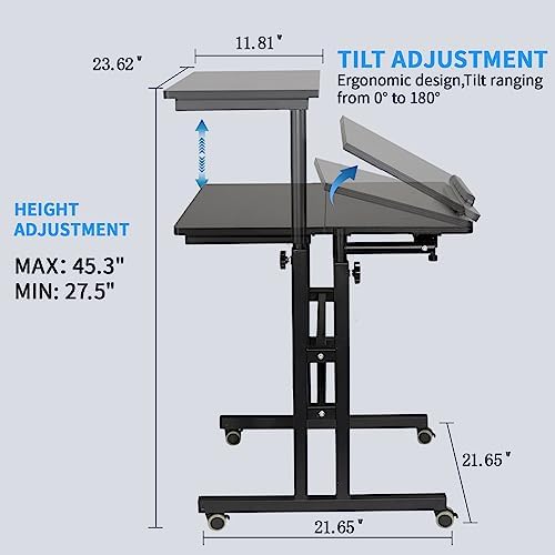 Hadulcet Mobile Standing Desk with Charging Station, Adjustable Standing Computer Desk, Standing Adjustable Laptop Cart with Wheels for Home Office Classroom Black