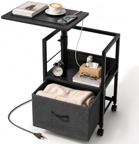Faesun Night Stand with Charging Station & Swivel Top, Black Gray