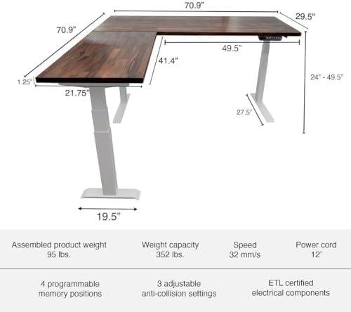 S STAND UP DESK STORE Triple Motor Electric L-Shaped Corner Standing Desk with EZ Assemble Frame (White Frame/Solid Walnut Top, 71 W x 71 inch D