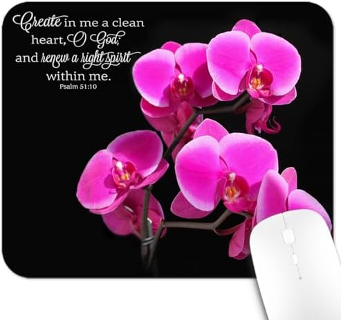 9.5x7.9 Inch Office/Gaming Mouse Pad, Create in Me a Clean Heart Christian Bible Verse Scripture, Vibrant Pink Orchids with Inspirational Quote Cute Anti-Slip Mat for Desk