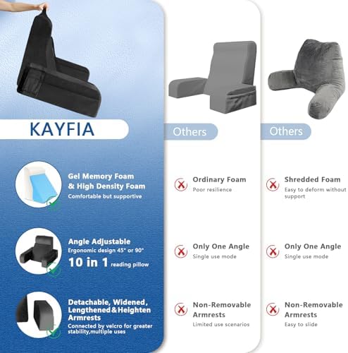 Kayfia Reading Pillow, Gel Memory Foam Back Rest Pillow, 21'', Black