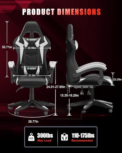 Bigzzia Gaming Chair with RGB LED Lights, High Back Ergonomic Computer Gamer Chair with Headrest and Lumbar Support, Racing Style Reclining Game Chair for Adults, Kids(Black/White)