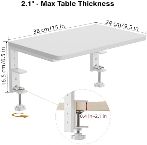 Desk Extender, 15-inch Clamp-On Desk Shelf, Height-Adjustable Desktop Shelf Organizer for Monitors Office and Gaming Accessories, Arm Support Table Extension, 44lbs Heavy Duty, White