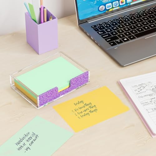 Acrylic Notepad Dispenser Organizer - 4 x 6 in Clear and Glitter Purple Sticky Note Holder W/O Pads Memo Holder for Dorm Room School Classroom Office Desk Organizer Aesthetic Supplies
