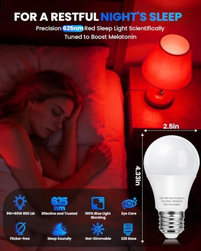 Red Light Bulb for Sleep: A19 9W 2 Pack,60W Equivalent,E26 LED