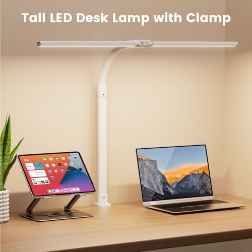 LED Desk Lamp - Bright Dimmable Computer Lamp, 24W Bendable Desk Light for Monitor Screen, Eye-Caring Tall Desktop Light for Task Home Office Work, White, Dual Head