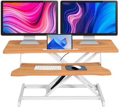38" Desk Converter, Height Adjustable Sit to Stand Riser, 2 Monitor and Laptop Workstation with Wide Keyboard Tray, Stand Up Home Office Workstation - Rising Desk with Spring Loaded Lift, Log Color