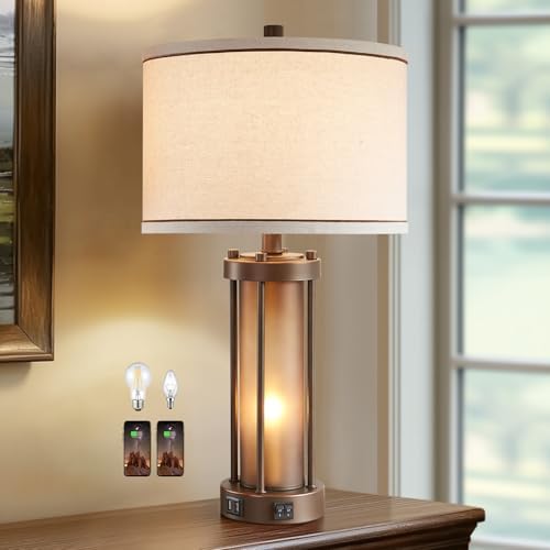 RORIA Farmhouse Table Lamps for Living Room with USB C+A Ports