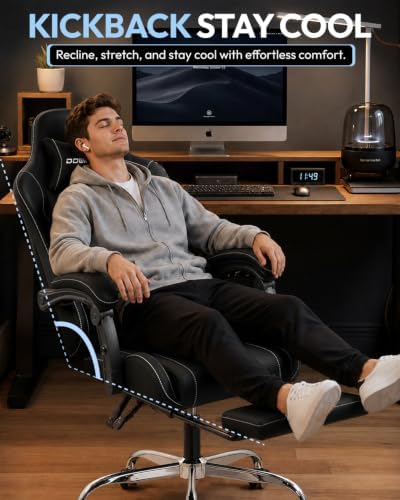 Dowinx Ergonomic Gaming Chair with Footrest & Massage Lumbar, 2D-Linkage Armrests for Computer Chair 330lbs with Headrest Pillow for Office, Home, Streaming and Long Gaming Sessions, Fabric Black
