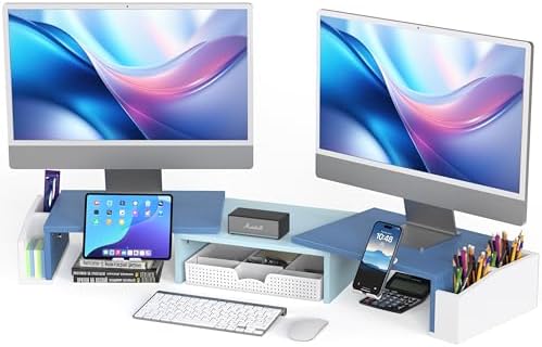 Simple Houseware Desk Dual Monitor Stand Riser with Drawer, Blue