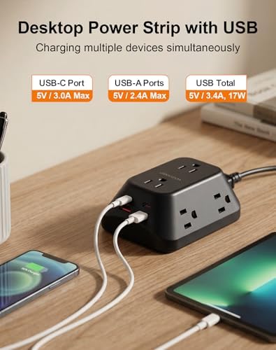 Desk Clamp Power Strip, 6 AC, 2 USB-C & 2 USB-A, 1440J, 10FT Cord
