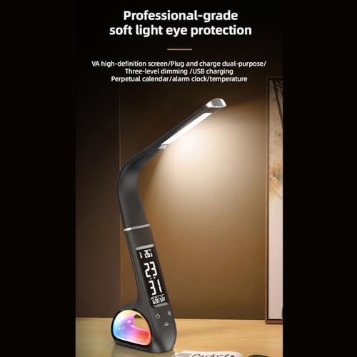 LED Desk Lamp, 3 Color Temperature Modes Eye Protection with 150 Degree Adjustable Goose Neck and VA LCD Screen, for Office Work Study Reading Bedroom (Black)