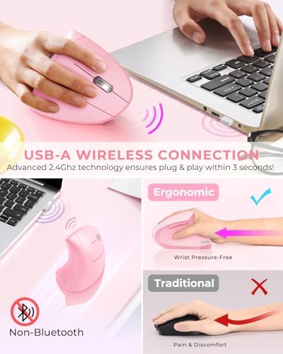 Lekvey Ergonomic Mouse, Rechargeable Vertical Wireless Mouse, Pink