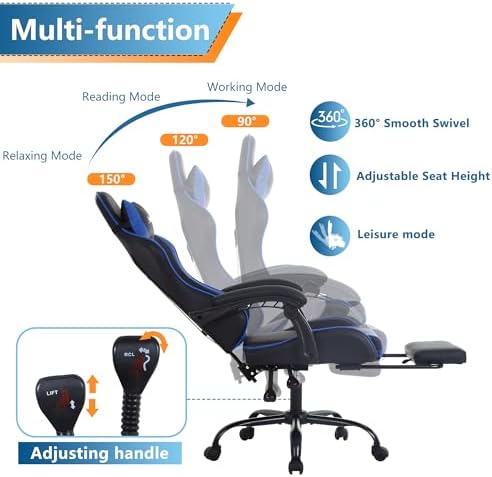 PayLessHere Ergonomic Racing Desk Chair Computer Chair Gaming Chair with Footrest Lumbar Support Headrest Armrest Task Rolling Swivel Ergonomic E-Sports Adjustable PC Gamer Chair (Blue)