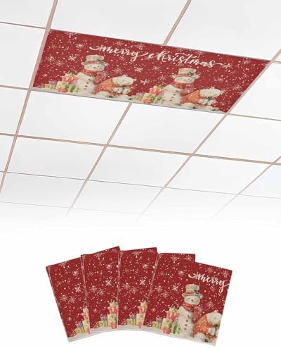 Red Christmas Magnetic Fluorescent Light Covers for Ceiling Lights 2 x 4 Feet,Country Snowflakes Snowman Bear Farmhouse Office Classroom Kitchen Drop Ceiling Light Covers Filters Shade Panel 4 Packs