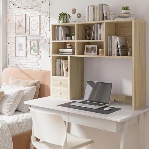 REIBII Desktop Bookshelf, 8 Shelves Desk Hutch for Dorm Room, Natural
