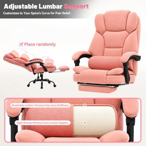 600LBS Executive Office Chair with FootRest for Heavy People High Back Ergonomic Gaming Chair with Lumbar Support Reclining Home Office Desk Chair with Pocket Spring Cushion Fabric (Pink)