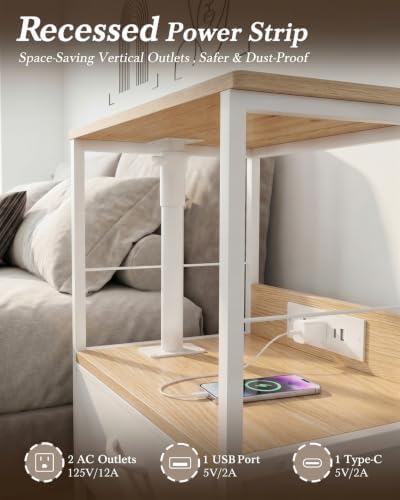 Faesun Night Stand with Charging Station & Swivel Top, Oak White