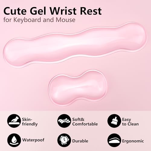 Gel Wrist Rest for Keyboard and Mouse - Pink Soft Ergonomic Silicone Wrist Rest, Clear Cute Desk Accessories for Gaming, Computer, Laptop