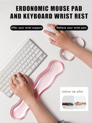 Mouse Pad with Wrist Rest, Soft Cloud Gel Keyboard Mouse Pad Set with Hand Wrist Support, Cute Non Slip Office Desk Accessories for Comfort/Pain Relief/Computer/Laptop (Pink Wave)